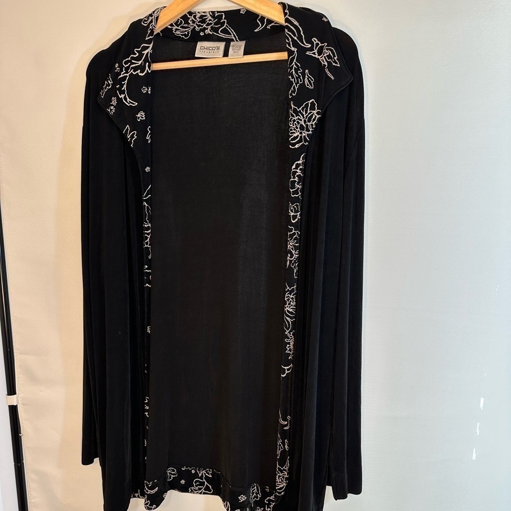 Chico’s Womens Size 3 US XL Open Front Long Sleeve Cardigan Sweater Duster Black